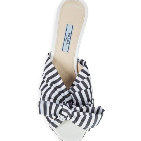 Prada Striped Bow Kitten Heel Sandals - Picture 3 of 8